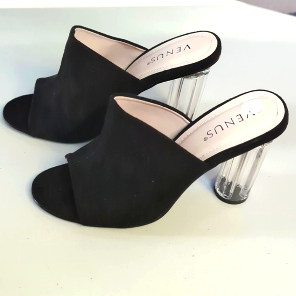Venus, black heeled slides with clear lucite chunky heels. Size 8